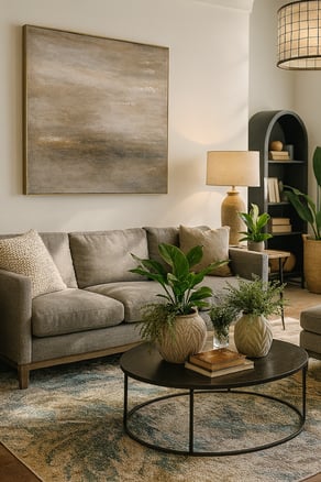 Layered textures and earthy tones come to life with the addition of greenery—turning this inviting corner into a serene, biophilic retreat.