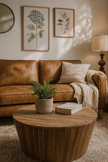 Layering natural materials like leather, wood, and linen creates a grounded, biophilic living space that feels both warm and inviting.