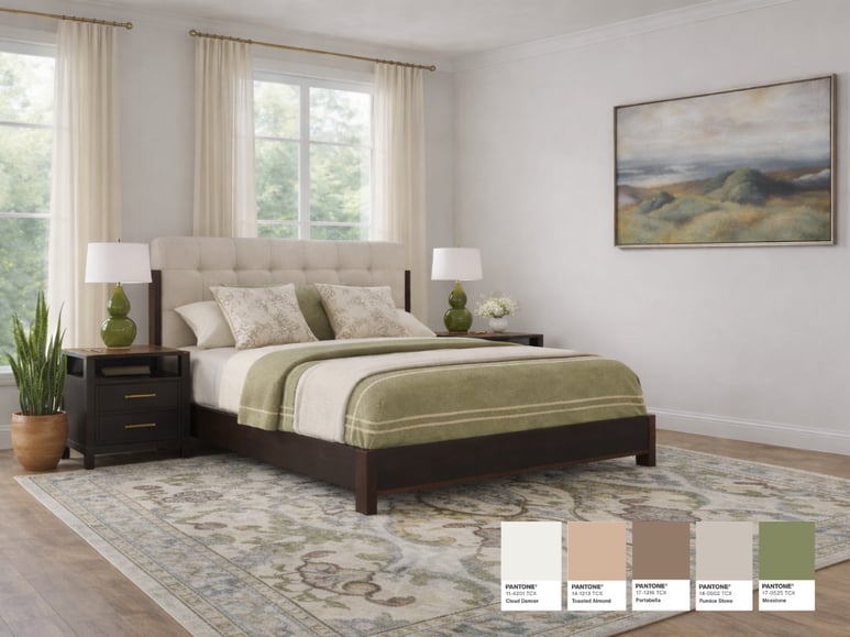 Serene room with Flexsteel bedroom set and Cloud Dancer–inspired neutral tones, upholstered bed, soft green accents, and layered textures. | Furniture Mall