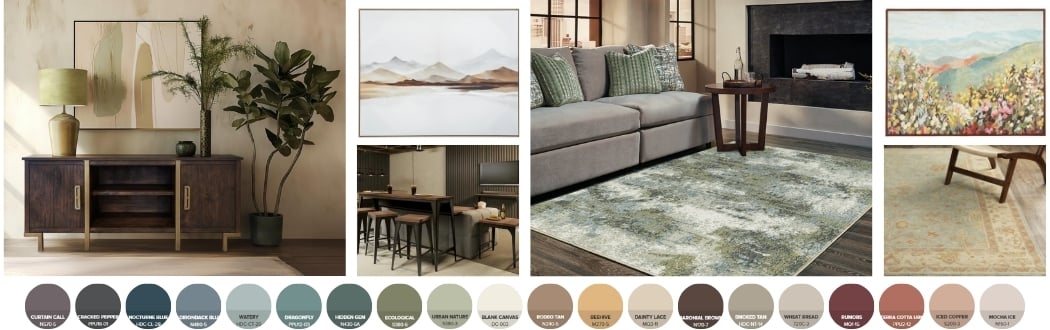 Collage of Furniture Mall furniture and accents paired with Behr’s 2026 color palette. The palette includes neutrals, earth tones, pastels, and jewel tones, demonstrating how Behr’s 2026 colors coordinate with furniture finishes, rugs, and décor. | The Furniture Mall