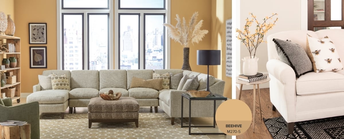 Living room featuring Kirkwood Furniture styled with Behr’s Beehive paint color. One space shows Beehive as a bold wall color, while the other highlights Beehive in accents. Demonstrates how Behr 2026 colors can be used in both large and small ways. | The Furniture Mall