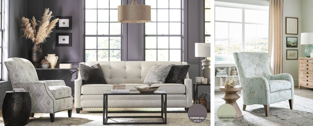 Living rooms featuring Kirkwood Furniture styled with Behr paint colors Curtain Call (deep gray-purple) and Urban Nature (soft green).  Demonstrates different ways to use Behr 2026 colors in furniture and décor. | The Furniture Mall