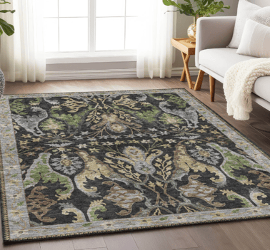 Botanical pattern, earth-toned fibers: this rug lets nature’s palette anchor the whole room in calm.