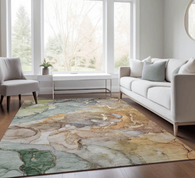 Marbled like riverstone, this rug layers soft mineral hues to ground the room in nature’s quiet beauty.