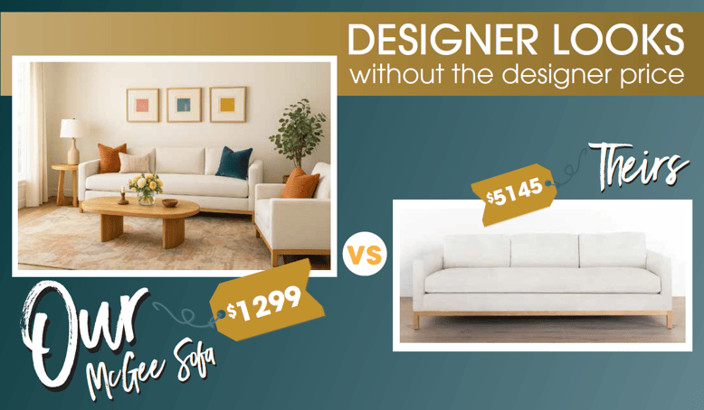 Comparison of two similar sofas, one priced at $1,299 from Furniture Mall and one at $5,145, showing equivalent design and quality with major price difference | The Furniture Mall
