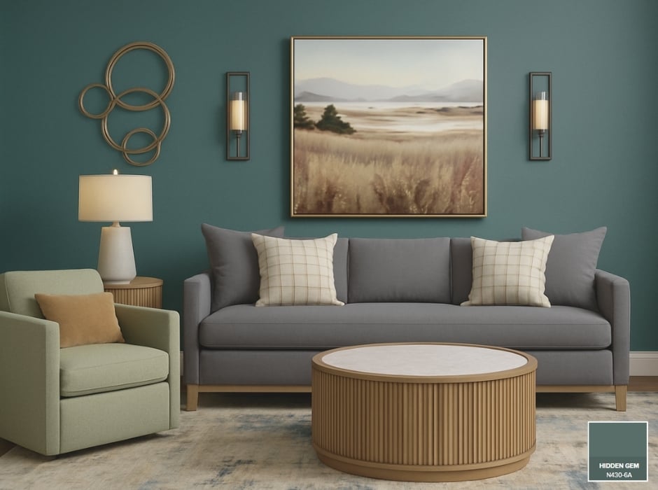 Living room featuring the FM Direct Sofa McGee in gray set against walls painted in Behr’s Hidden Gem (N430-6A), styled with a green Couch Potatoes Crestview accent chair, Ashley Camdill occasional tables, and Ashley accent art. | The Furniture Mall
