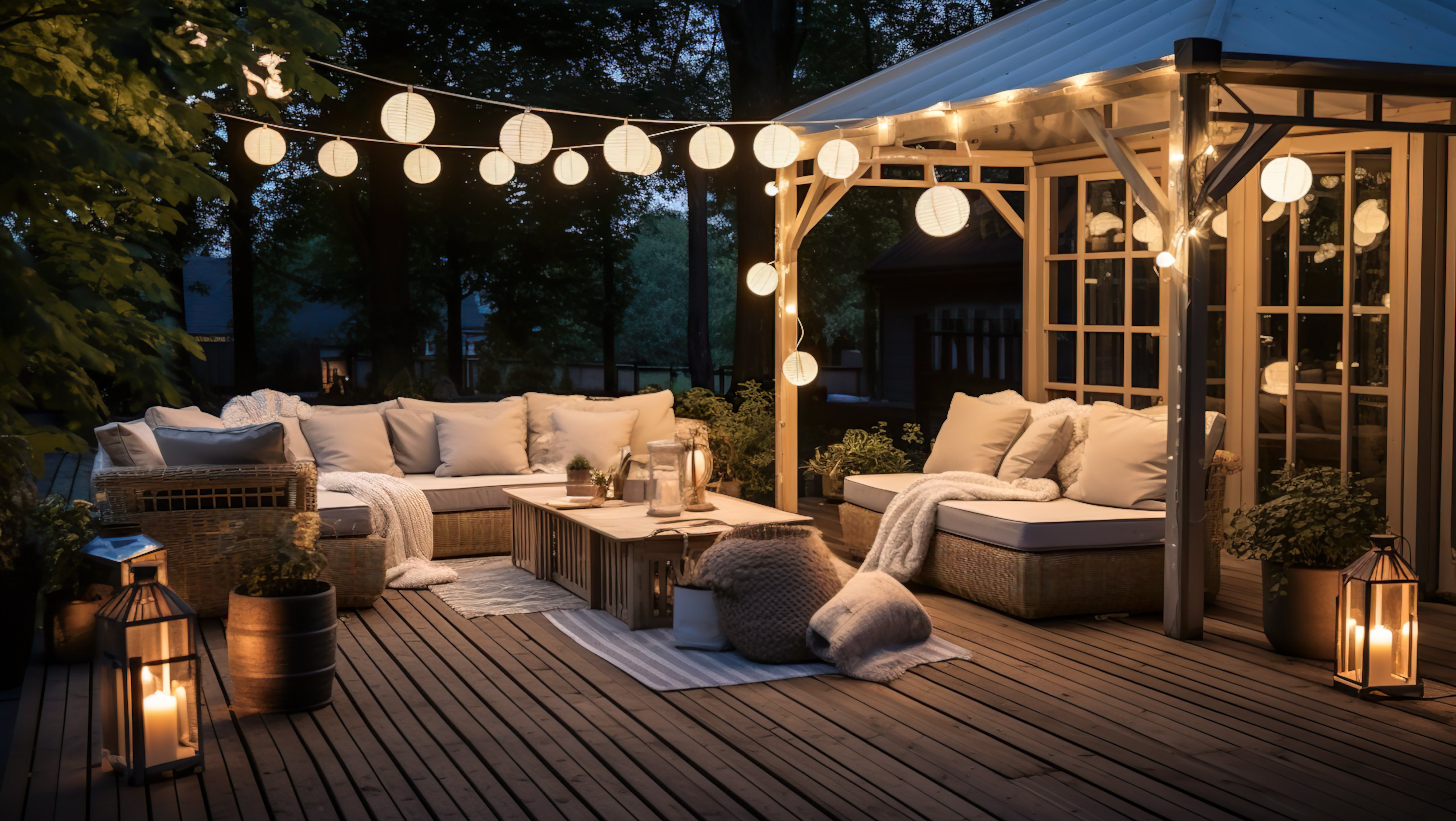 Create the cozy vibes you've been wanting with soft seating, hung lights, pillows and ottomans.