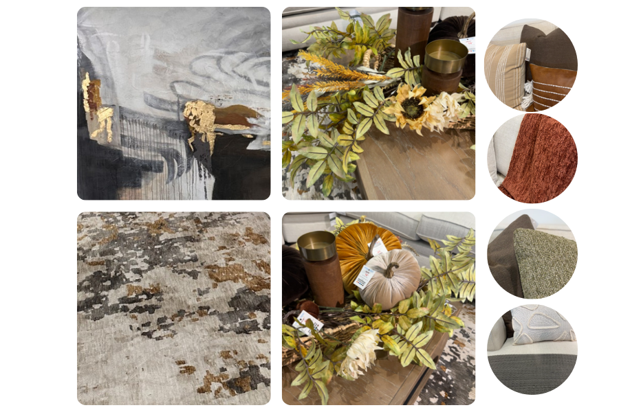 Close-up details of a fall Furniture Mall display featuring layered rugs, warm-toned artwork, textured pillows, fall leaves and neutral pumpkins. | Furniture Mall