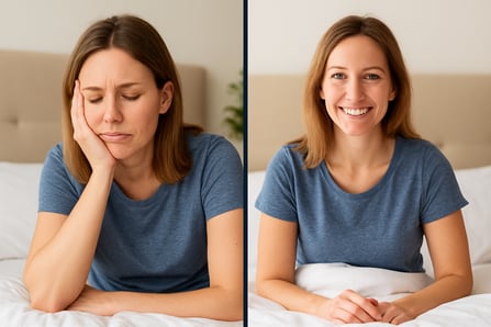 Comparison of tired and rested woman after poor vs. quality sleep.