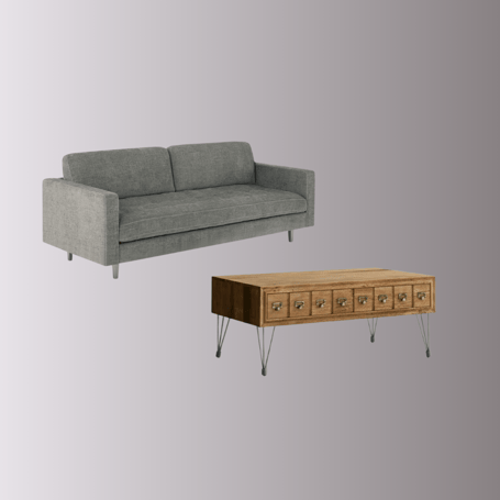 modern sofa and a vintage wood coffee table