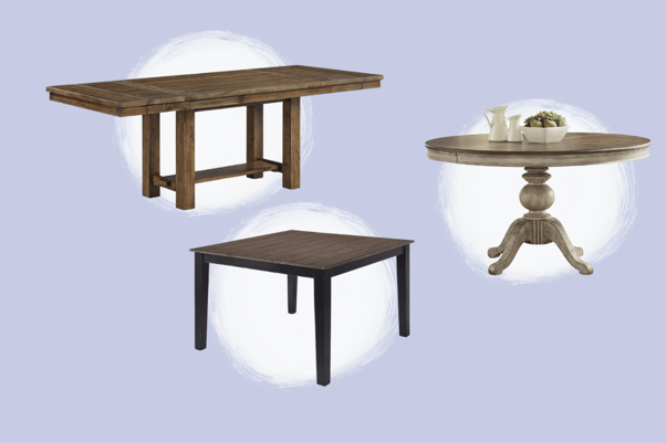 3 different size dining table from the Furniture Mall:  a rectangle dining table, a square dining table and a round dining table