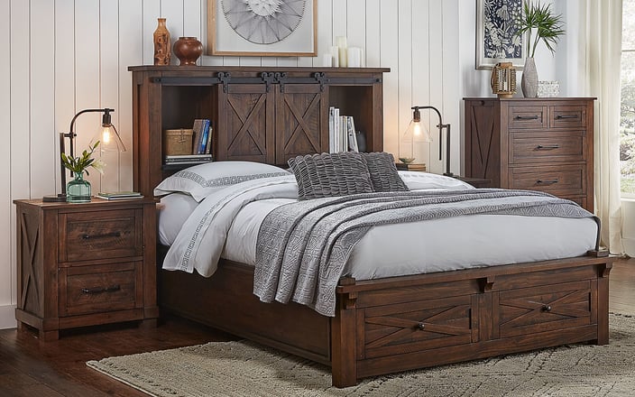 Sun Valley King Storage Headboard with bookshelves and Footboard Storage