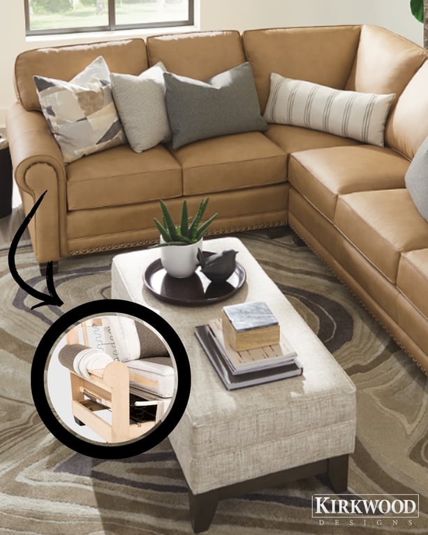 Kirkwood Durango leather sectional with callout showing solid hardwood frame, drop-in coil springs, and Qualux Ultra foam cushion construction. | Furniture Mall