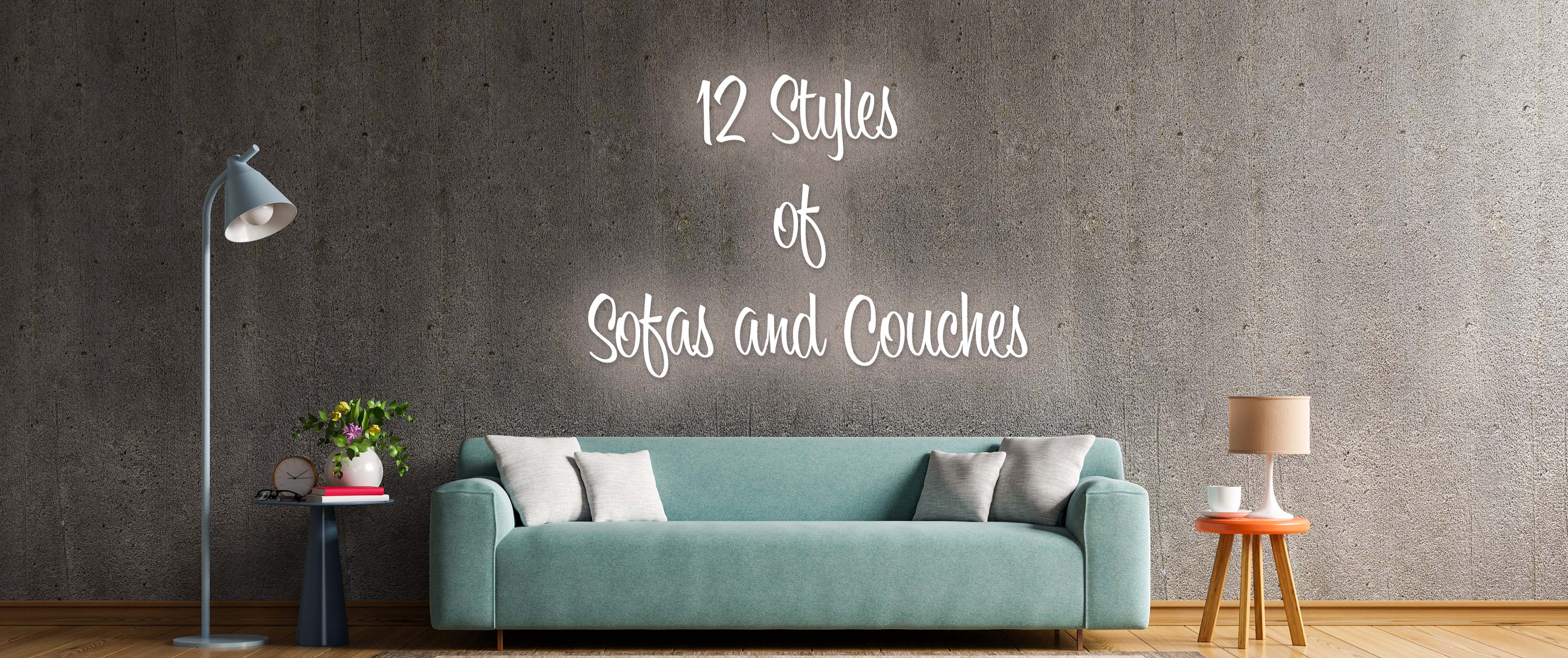 Various styles of sofas and couches displayed to illustrate the 12 different designs available for home interiors.